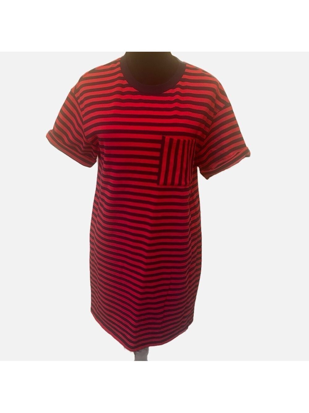Evereve Womens Nautical Preppy Academic Midi Red and Blue Striped T-Shirt Dress